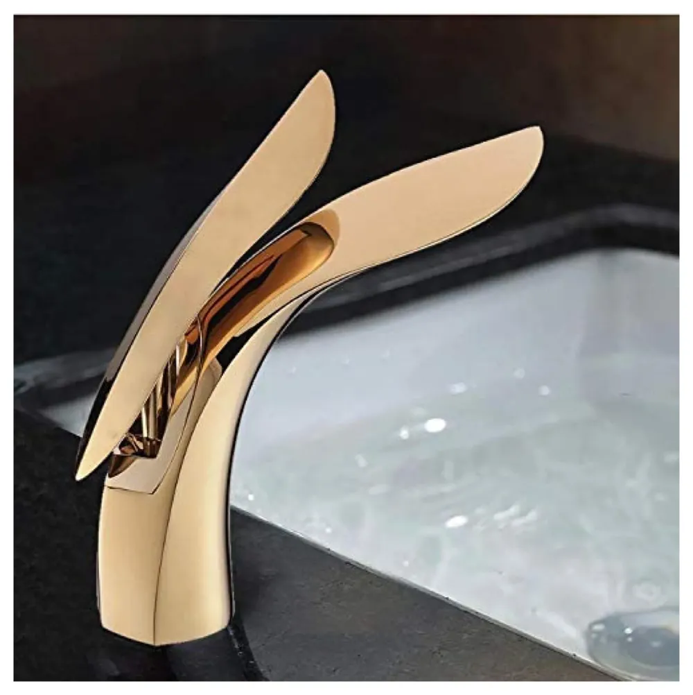 Gold Basin Tap Faucet Mixer for Bathroom Toilet Wash Basins Hot and Cold Water (Without pop-up) (Golden Leaf) 18.5 cm Height