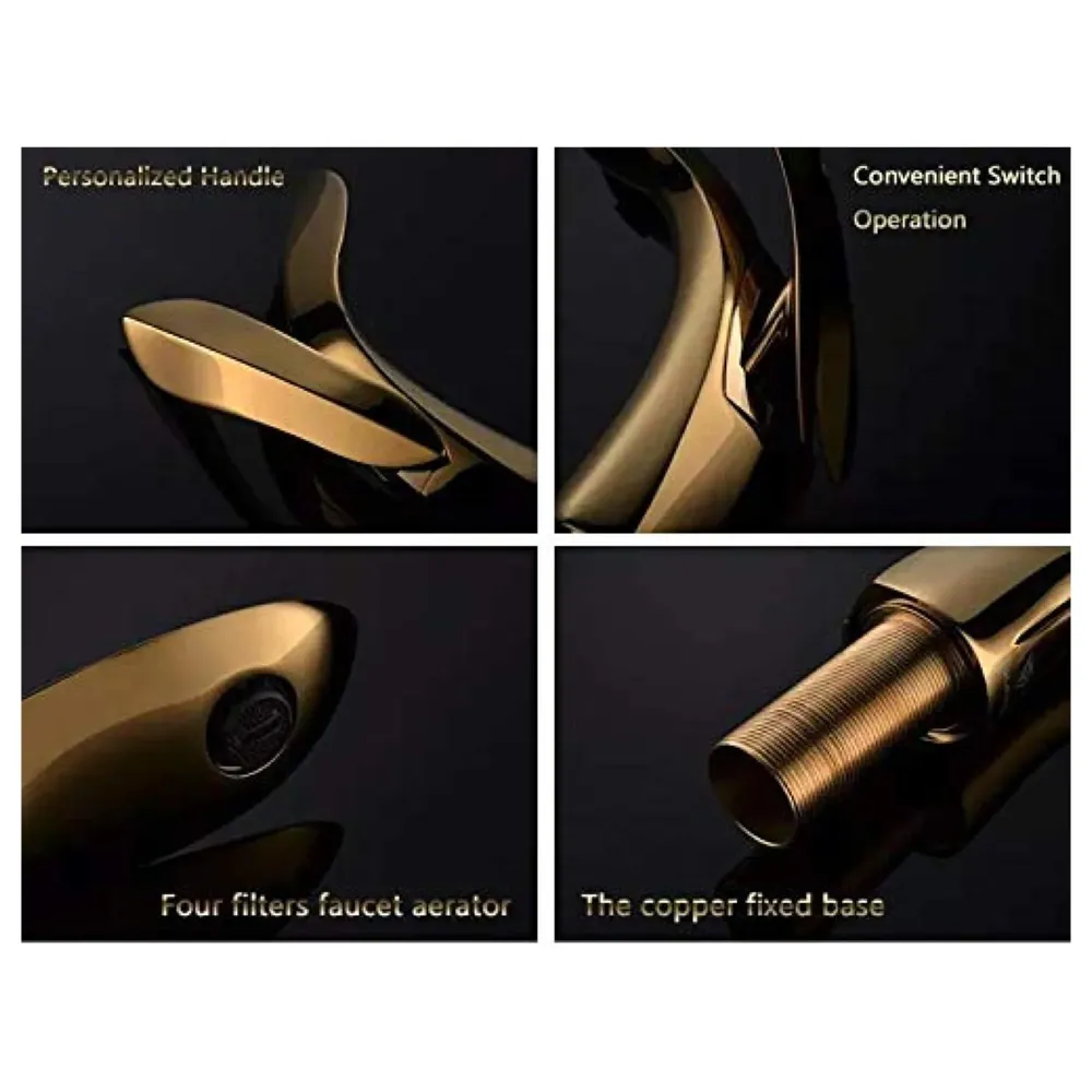 Gold Basin Tap Faucet Mixer for Bathroom Toilet Wash Basins Hot and Cold Water (Without pop-up) (Golden Leaf) 18.5 cm Height