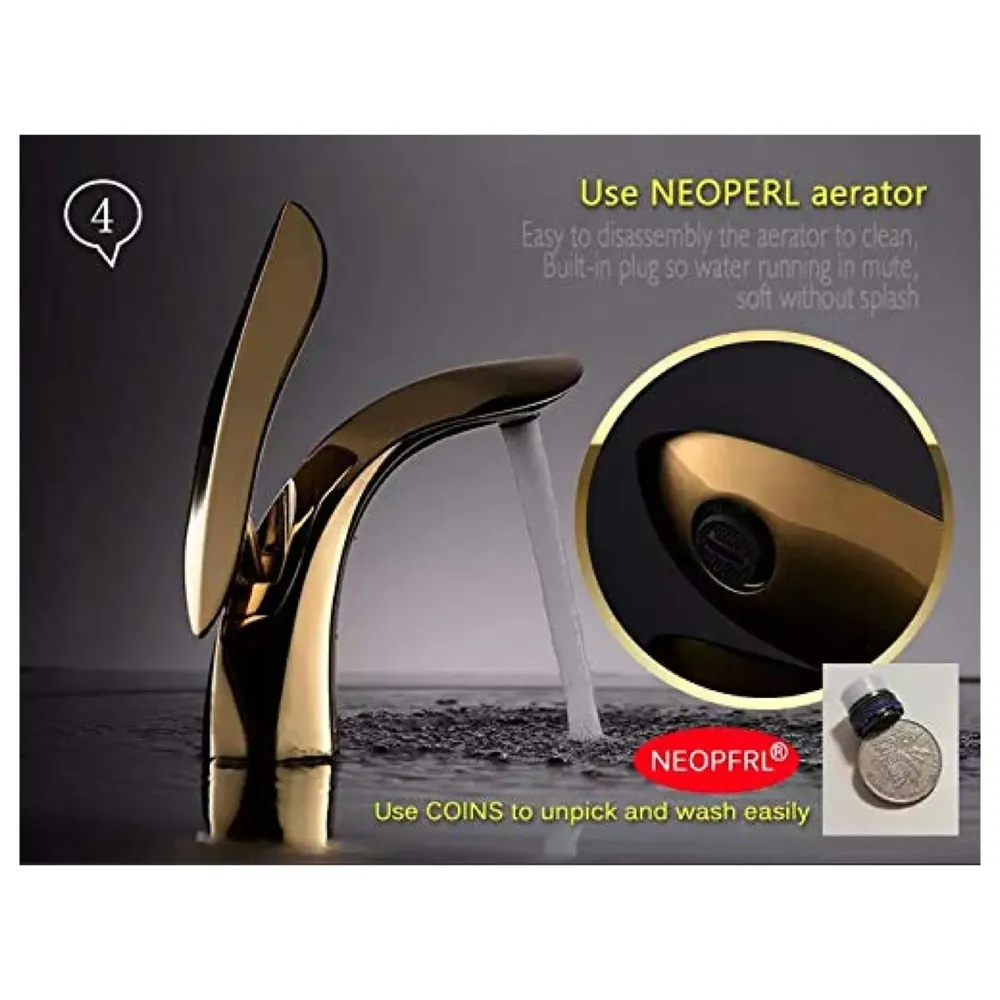 Gold Basin Tap Faucet Mixer for Bathroom Toilet Wash Basins Hot and Cold Water (Without pop-up) (Golden Leaf) 18.5 cm Height
