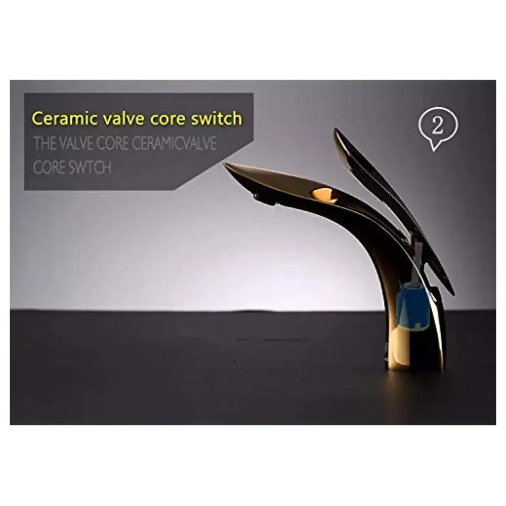 Gold Basin Tap Faucet Mixer for Bathroom Toilet Wash Basins Hot and Cold Water (Without pop-up) (Golden Leaf) 18.5 cm Height