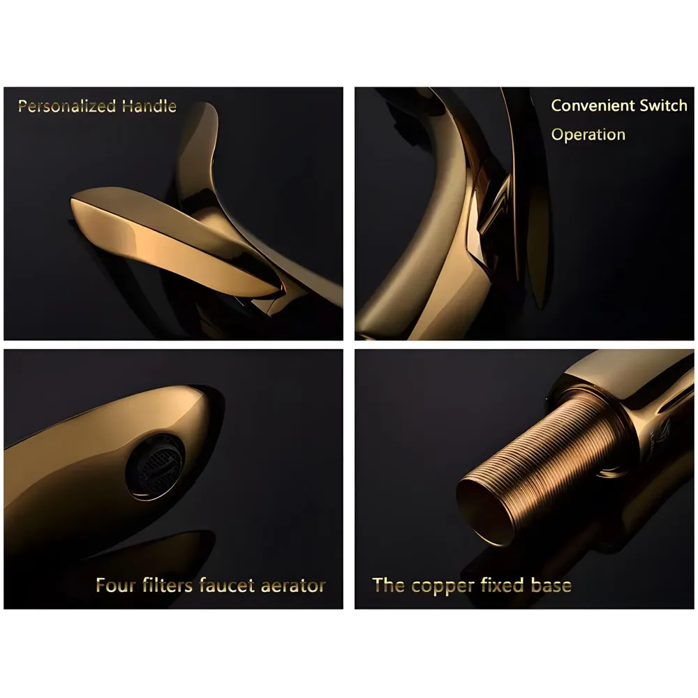 Gold Basin Faucet Tap Mixer for Bathroom Toilet Wash Basins Hot and Cold Water (Without pop-up) Golden Leaf 6 inches Height