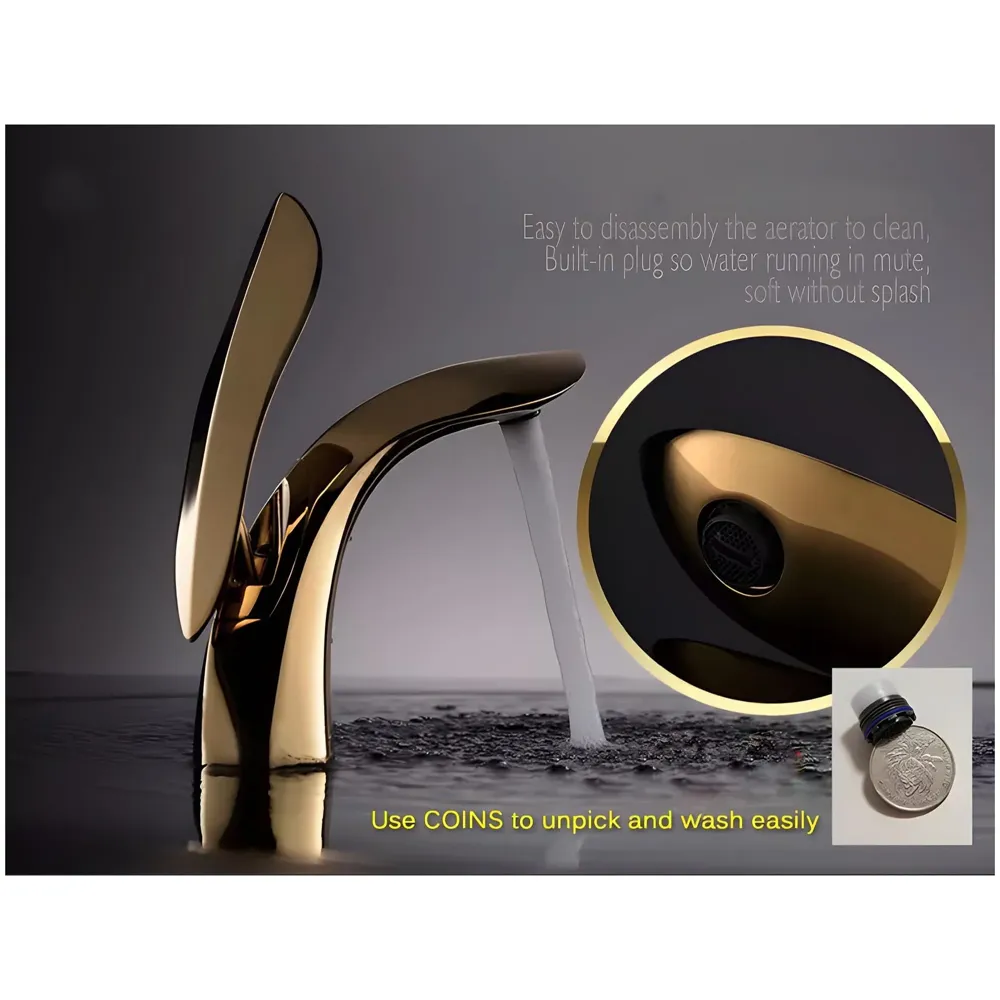 Gold Basin Faucet Tap Mixer for Bathroom Toilet Wash Basins Hot and Cold Water (Without pop-up) Golden Leaf 6 inches Height