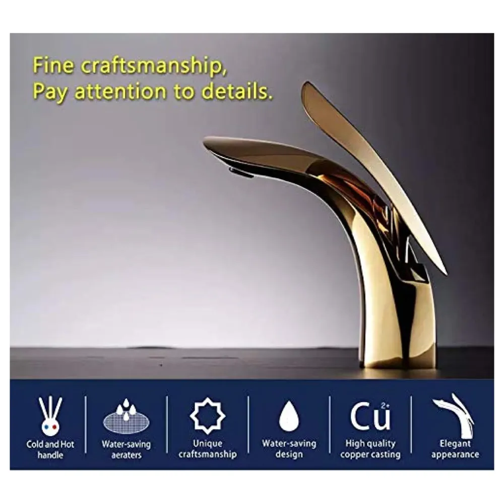 Gold Basin Tap Faucet Mixer for Bathroom Toilet Wash Basins Hot and Cold Water (Without pop-up) (Golden Leaf) 18.5 cm Height