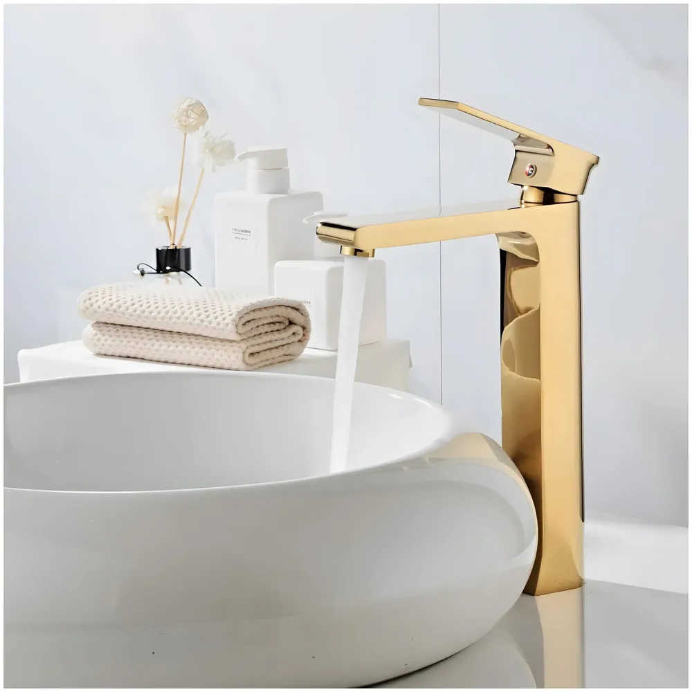 Gold Basin Tap Faucet Mixer for Bathroom Toilet Wash Basins Hot and Cold Water, Golden Colour, Brass, Square 12 Inch Height