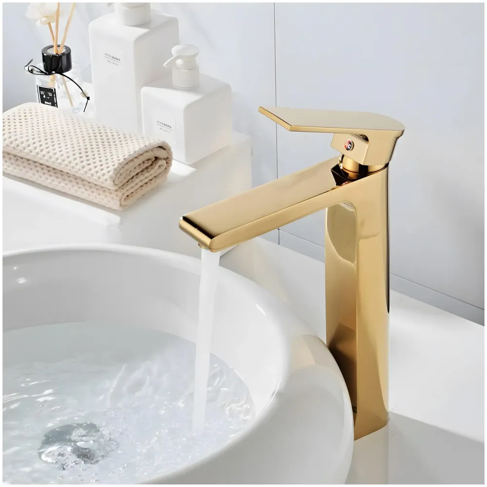 Gold Basin Tap Faucet Mixer for Bathroom Toilet Wash Basins Hot and Cold Water, Golden Colour, Brass, Square 12 Inch Height