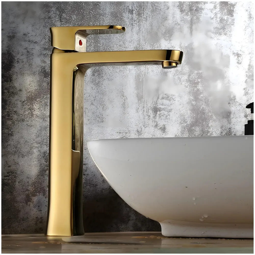 Gold Basin Tap Faucet Mixer for Bathroom Toilet Wash Basins Hot and Cold Water, Golden Colour, Brass, Square 12 Inch Height