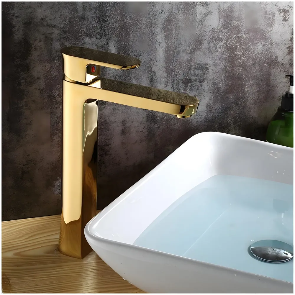 Gold Basin Tap Faucet Mixer for Bathroom Toilet Wash Basins Hot and Cold Water, Golden Colour, Brass, Square 12 Inch Height
