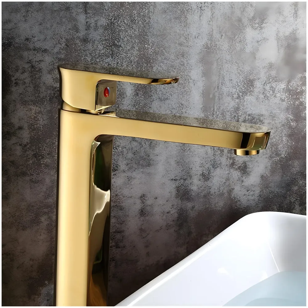 Gold Basin Tap Faucet Mixer for Bathroom Toilet Wash Basins Hot and Cold Water, Golden Colour, Brass, Square 12 Inch Height