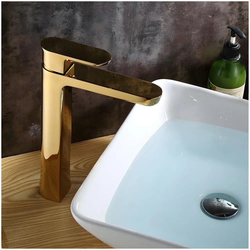 Gold Basin Tap Faucet Mixer for Bathroom Toilet Wash Basins Hot and Cold Water, Golden Colour, Brass, Square 12 Inch Height