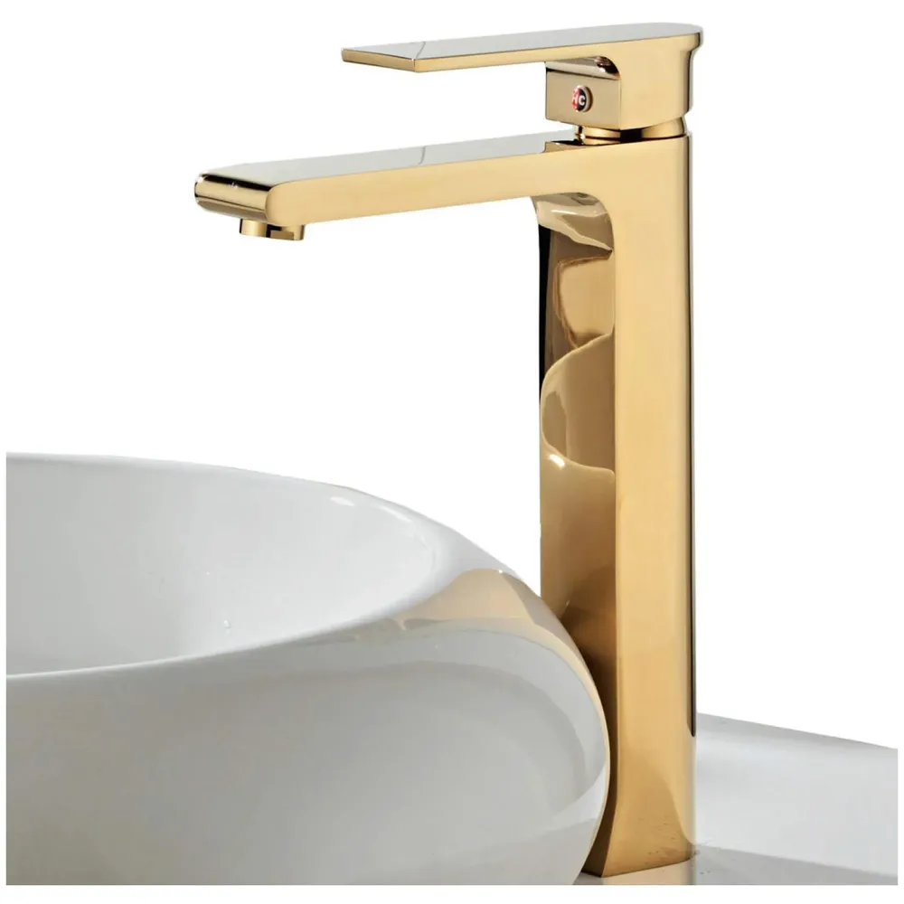 Gold Basin Tap Faucet Mixer for Bathroom Toilet Wash Basins Hot and Cold Water, Golden Colour, Brass, Square 12 Inch Height
