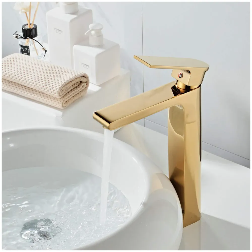 Gold Basin Tap Faucet Mixer for Bathroom Toilet Wash Basins Hot and Cold Water, Golden Colour, Brass, Square 12 Inch Height