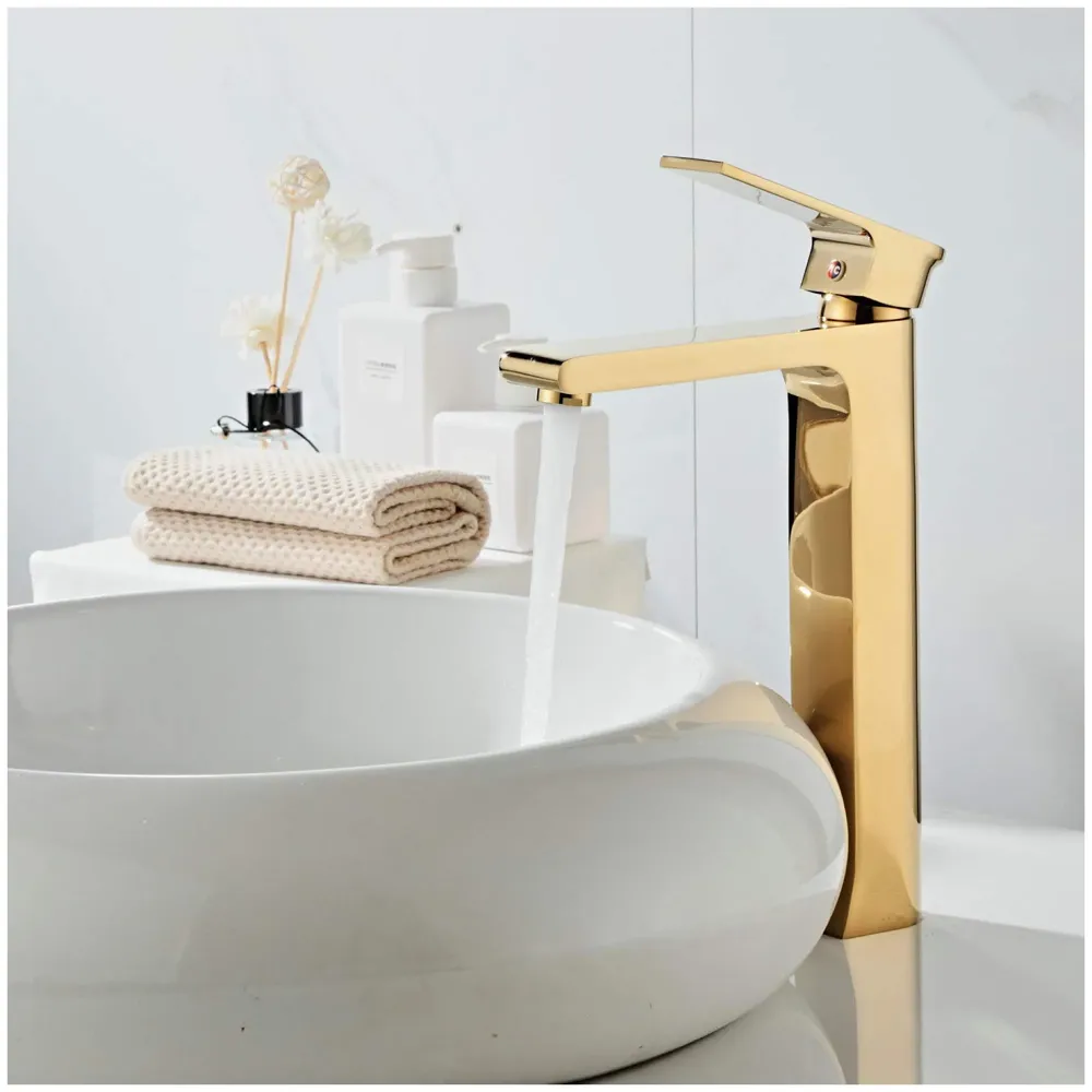 Gold Basin Tap Faucet Mixer for Bathroom Toilet Wash Basins Hot and Cold Water, Golden Colour, Brass, Square 12 Inch Height