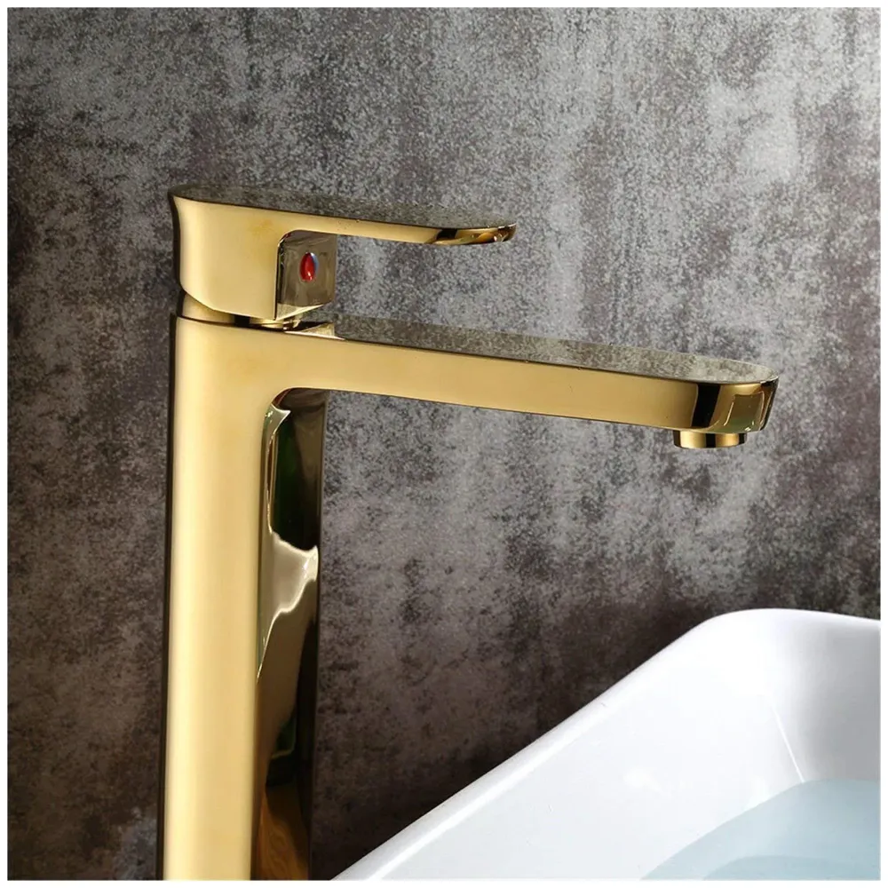 Gold Basin Tap Faucet Mixer for Bathroom Toilet Wash Basins Hot and Cold Water, Golden Colour, Brass, Square 12 Inch Height