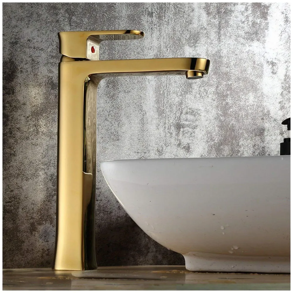 Gold Basin Tap Faucet Mixer for Bathroom Toilet Wash Basins Hot and Cold Water, Golden Colour, Brass, Square 12 Inch Height