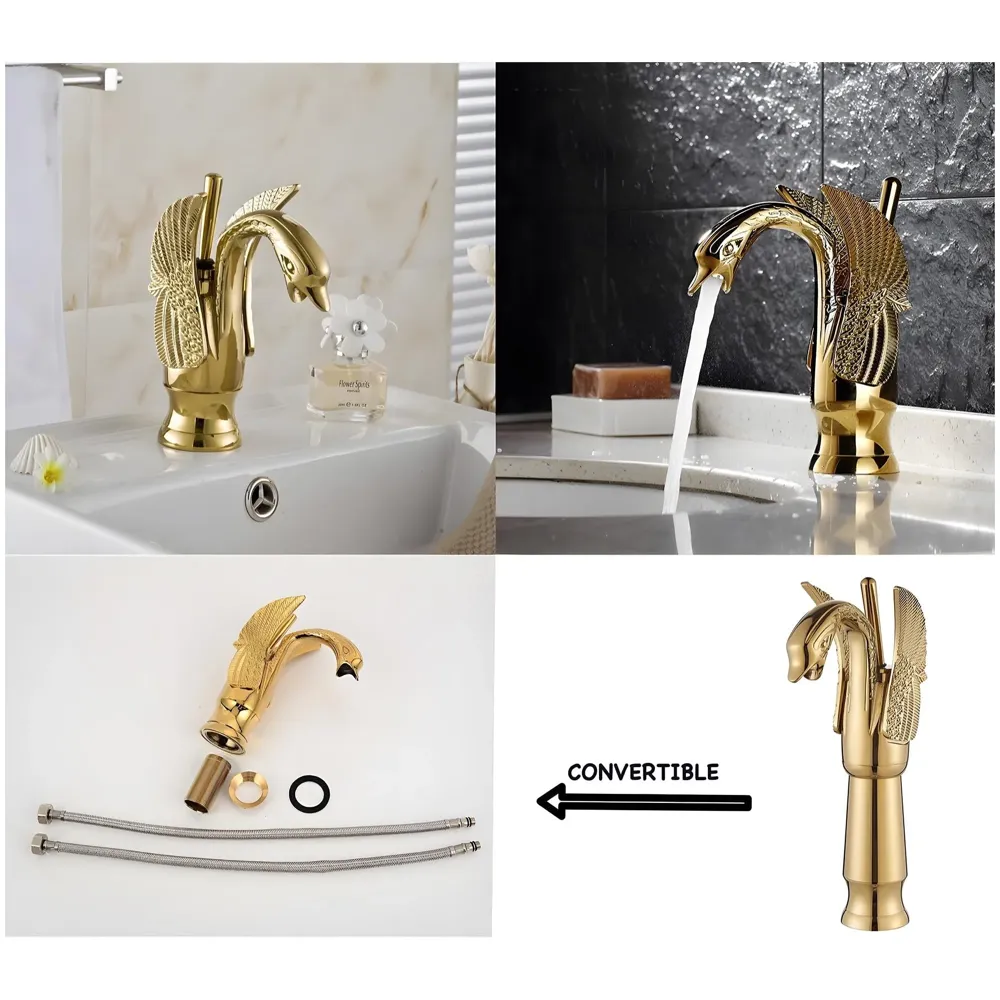 Golden Swan Heavy Single Lever Basin Mixer Faucet Tap Hot and Cold 12 inch Height Gold Brass for Bathroom Toilets Wash Basin