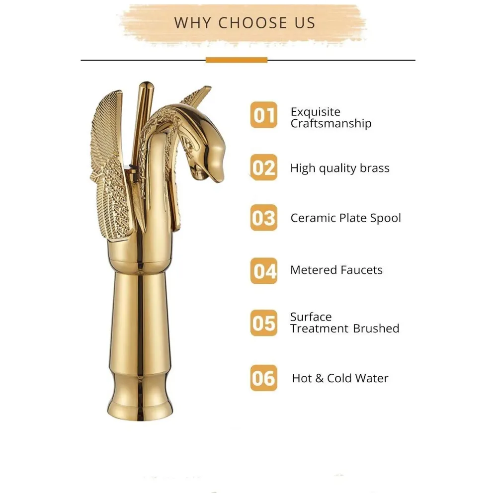 Golden Swan Heavy Single Lever Basin Mixer Faucet Tap Hot and Cold 12 inch Height Gold Brass for Bathroom Toilets Wash Basin