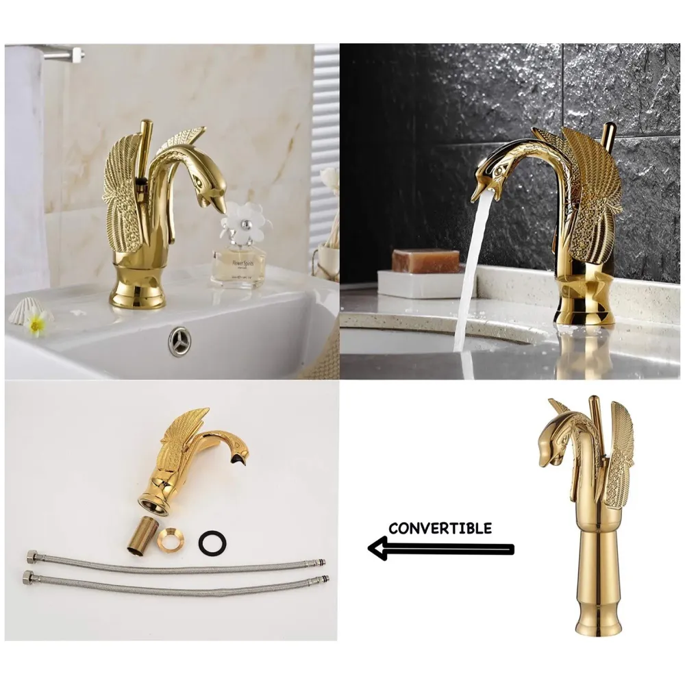 Golden Swan Heavy Single Lever Basin Mixer Faucet Tap Hot and Cold 12 inch Height Gold Brass for Bathroom Toilets Wash Basin