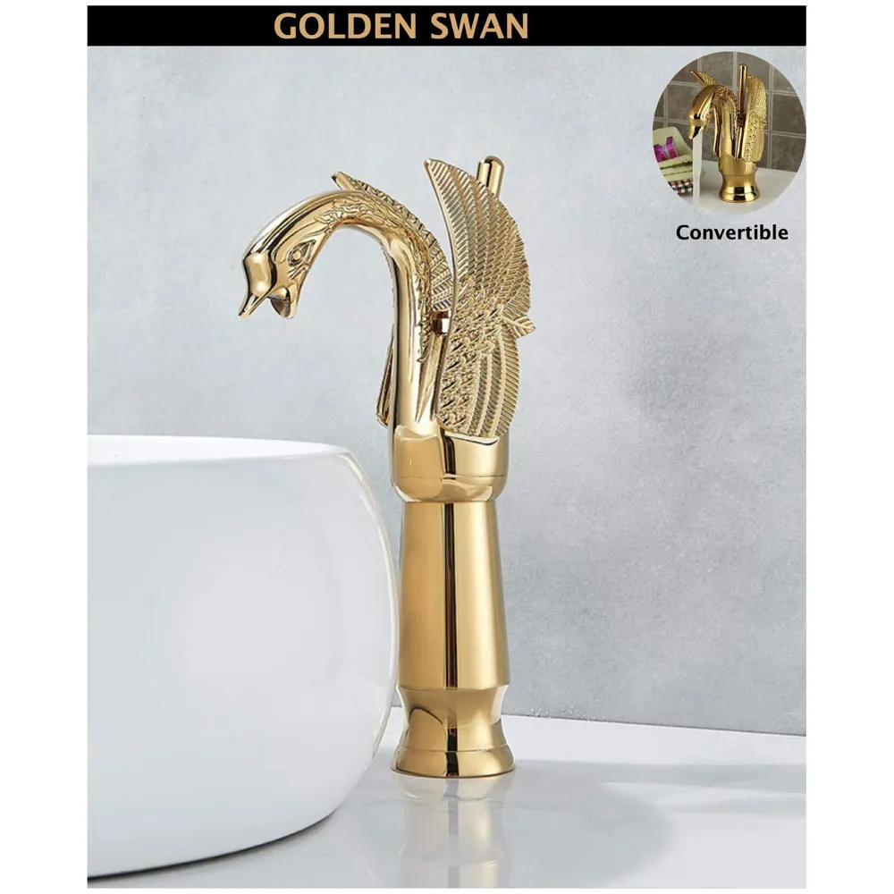 Golden Swan Heavy Single Lever Basin Mixer Faucet Tap Hot and Cold 12 inch Height Gold Brass for Bathroom Toilets Wash Basin