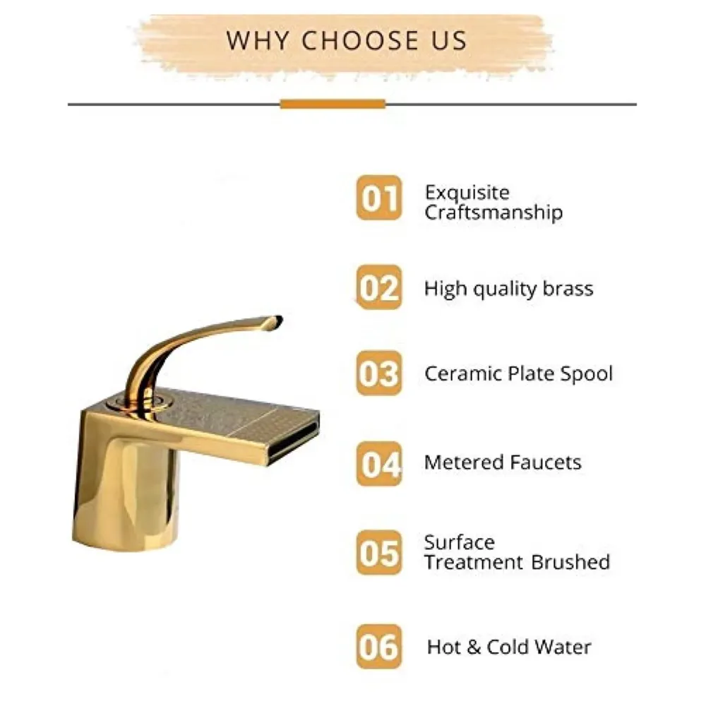 Gold Basin Tap Faucet Mixer Waterfall for Bathroom Toilet Wash Basins Hot and Cold Water (Golden Waterfall) - 2