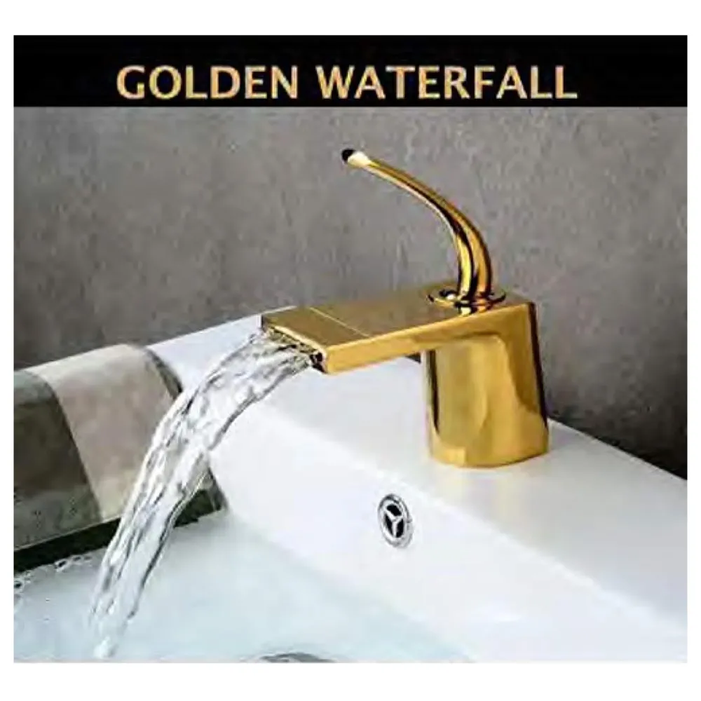 Gold Basin Tap Faucet Mixer Waterfall for Bathroom Toilet Wash Basins Hot and Cold Water (Golden Waterfall) - 4