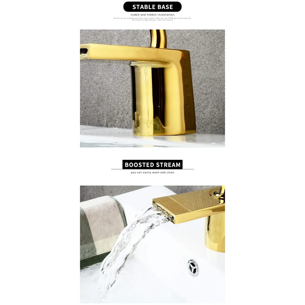 Gold Basin Tap Faucet Mixer Waterfall for Bathroom Toilet Wash Basins Hot and Cold Water (Golden Waterfall) - 7