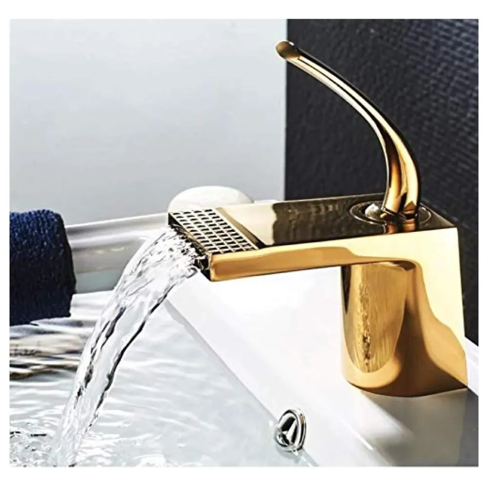 Gold Basin Tap Faucet Mixer Waterfall for Bathroom Toilet Wash Basins Hot and Cold Water (Golden Waterfall)