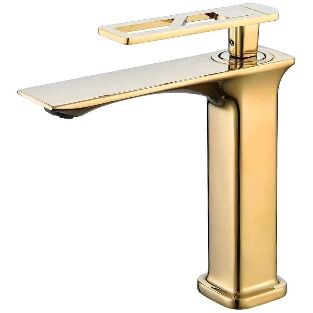 Full Gold Faucet Tap Mixer Hot and Cold Water Heavy Single Lever Basin Mixer 7 inches with Connector Pipes and Ceramic Cartridge for Bathroom Wash Basins - 22cm x 17cm Golden