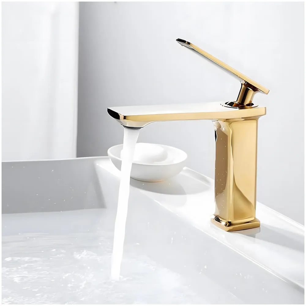 Full Gold Faucet Tap Mixer Hot and Cold Water Heavy Single Lever Basin Mixer 7 inches with Connector Pipes and Ceramic Cartridge for Bathroom Wash Basins - 22cm x 17cm Golden - 3