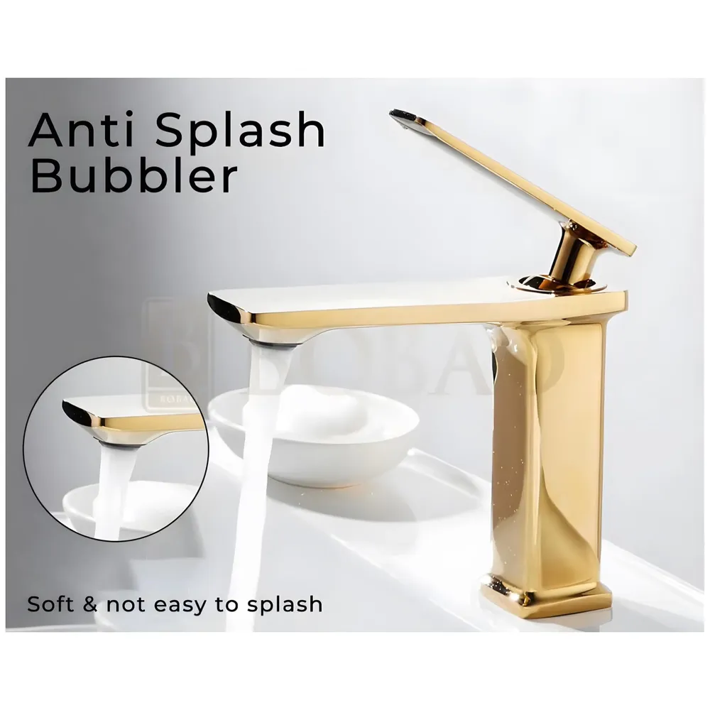 Full Gold Faucet Tap Mixer Hot and Cold Water Heavy Single Lever Basin Mixer 7 inches with Connector Pipes and Ceramic Cartridge for Bathroom Wash Basins - 22cm x 17cm Golden - 5