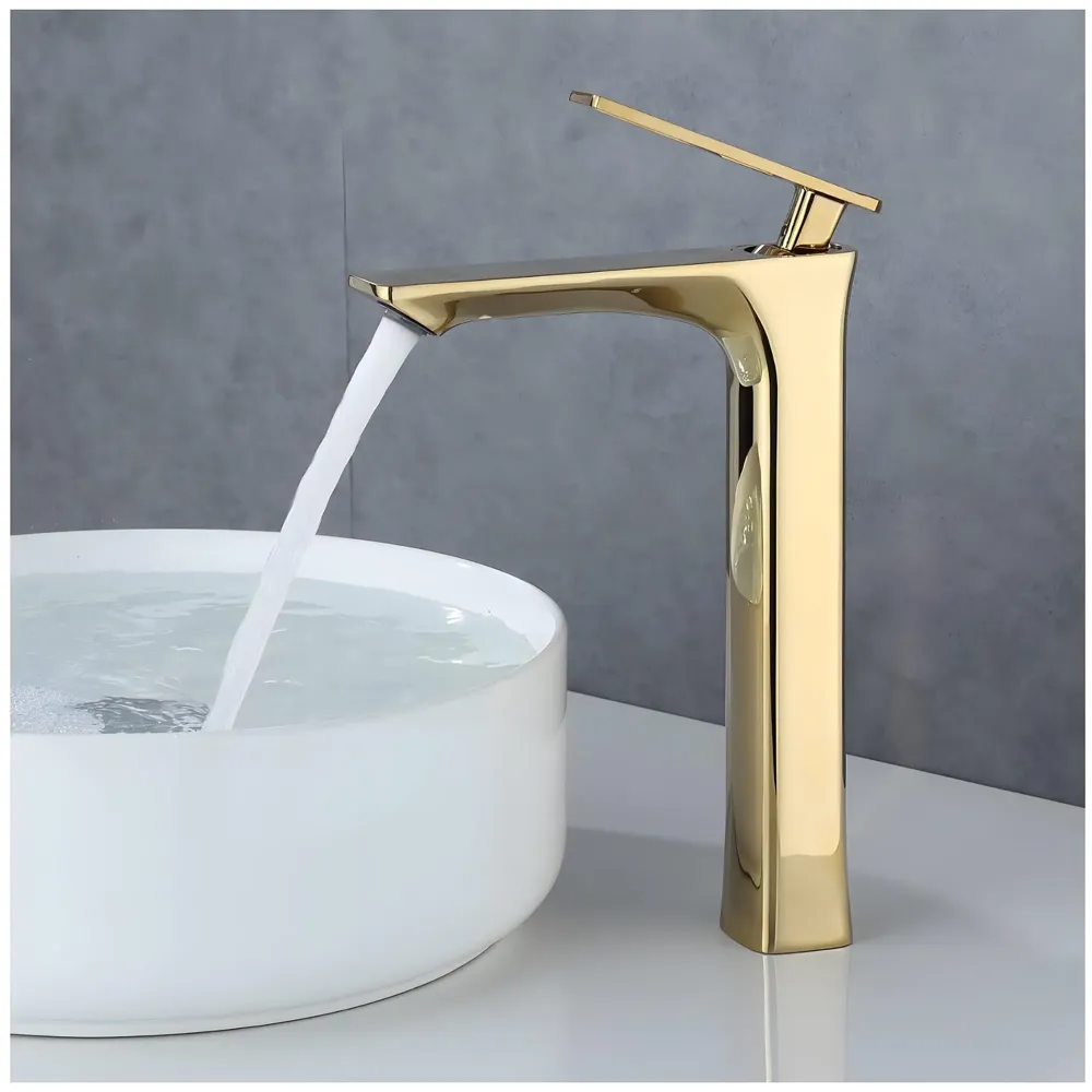 Gold Faucet Tap Mixer Hot and Cold Water Heavy Single Lever Basin Mixer 12 inches with Connector Pipes and Ceramic Cartridge for Bathroom Wash Basins - 30cm x 17 cm Golden
