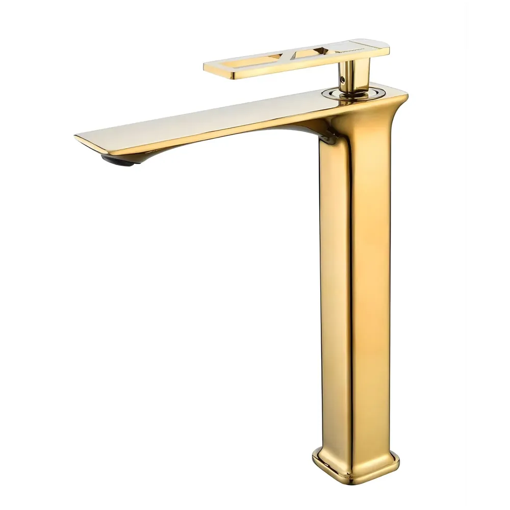 Gold Faucet Tap Mixer Hot and Cold Water Heavy Single Lever Basin Mixer 12 inches with Connector Pipes and Ceramic Cartridge for Bathroom Wash Basins - 30cm x 17 cm Golden