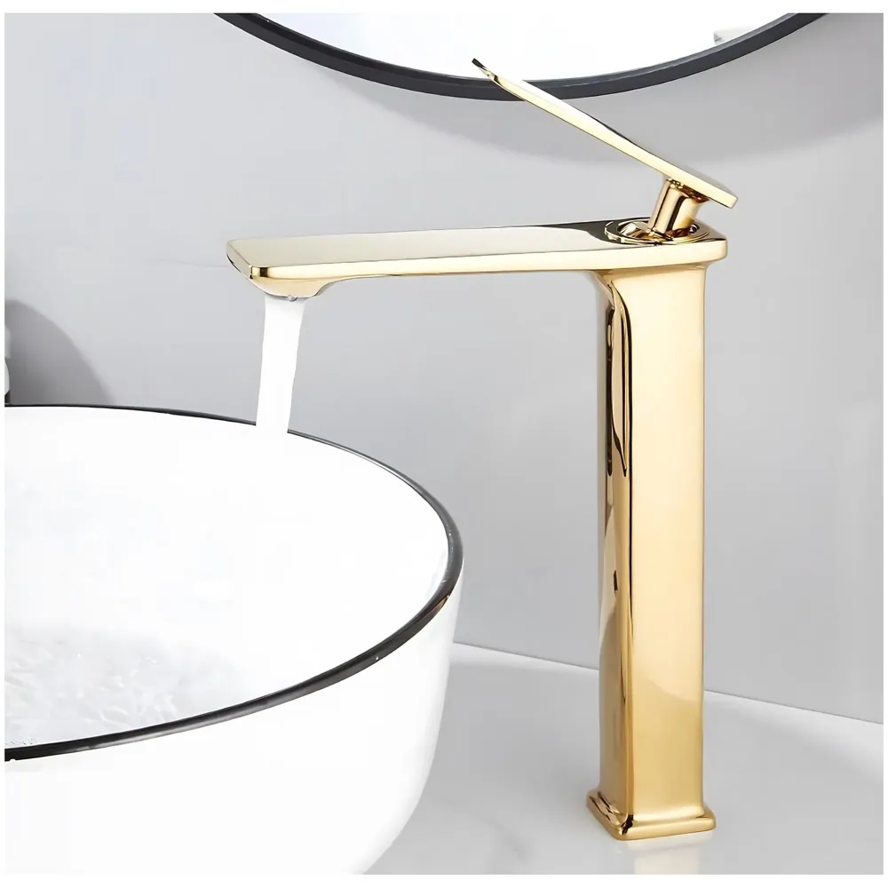 Gold Faucet Tap Mixer Hot and Cold Water Heavy Single Lever Basin Mixer 12 inches with Connector Pipes and Ceramic Cartridge for Bathroom Wash Basins - 30cm x 17 cm Golden