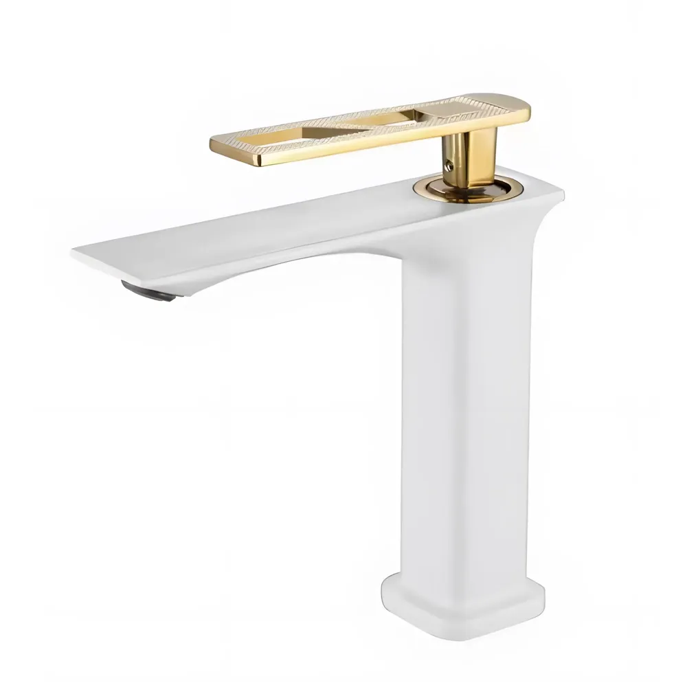 White Gold Faucet Tap Mixer Hot and Cold Water Heavy Single Lever Basin Mixer 7 inches with Connector Pipes and Ceramic Cartridge for Bathroom Wash Basins - 22cm x 17cm Golden White