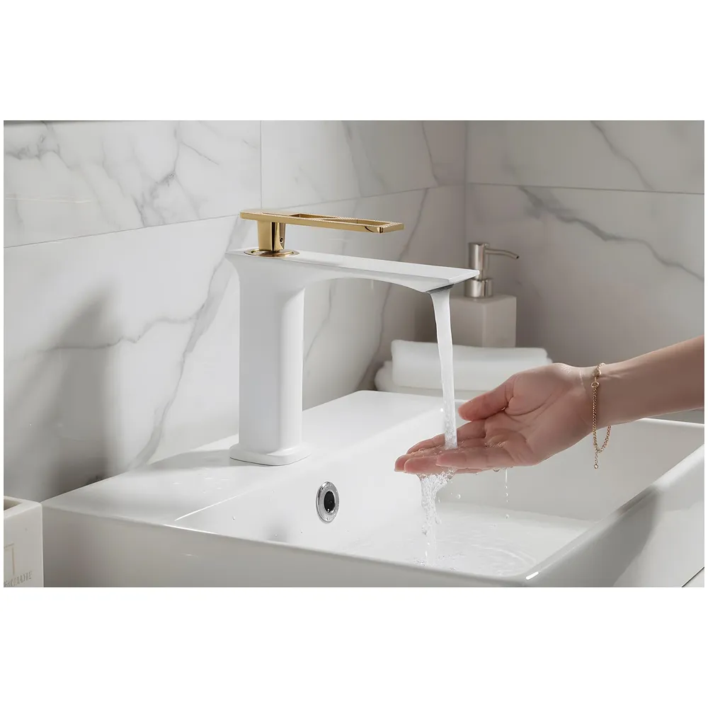 White Gold Faucet Tap Mixer Hot and Cold Water Heavy Single Lever Basin Mixer 7 inches with Connector Pipes and Ceramic Cartridge for Bathroom Wash Basins - 22cm x 17cm Golden White