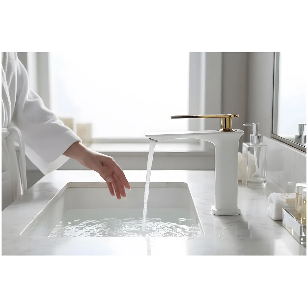 White Gold Faucet Tap Mixer Hot and Cold Water Heavy Single Lever Basin Mixer 7 inches with Connector Pipes and Ceramic Cartridge for Bathroom Wash Basins - 22cm x 17cm Golden White