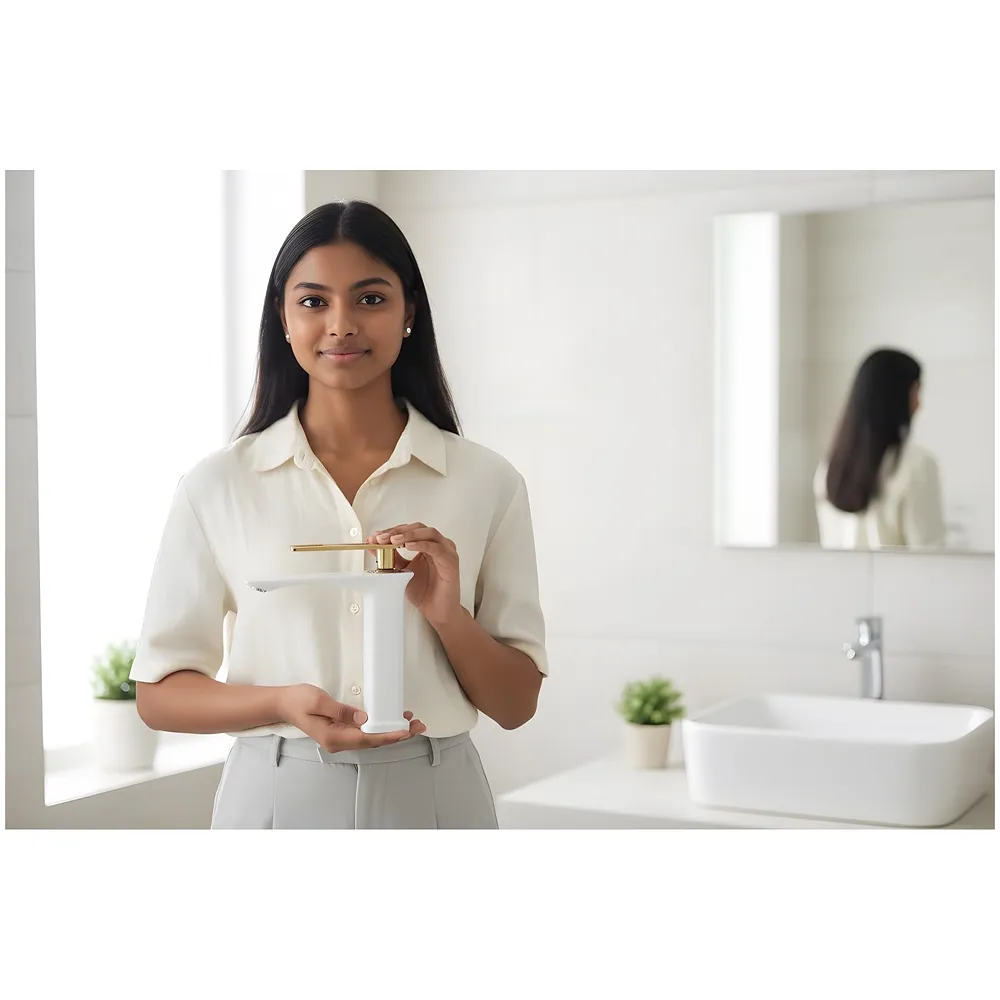 White Gold Faucet Tap Mixer Hot and Cold Water Heavy Single Lever Basin Mixer 7 inches with Connector Pipes and Ceramic Cartridge for Bathroom Wash Basins - 22cm x 17cm Golden White