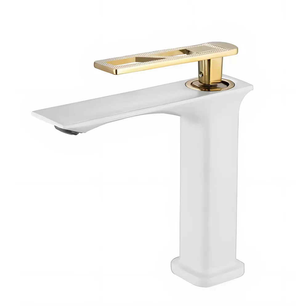 White Gold Faucet Tap Mixer Hot And Cold Water Heavy Single Lever Basin Mixer 7 inches With Connector pipes And Ceramic Cartridge For Bathroom Wash Basins - 22cm x 17cm Golden White Premium