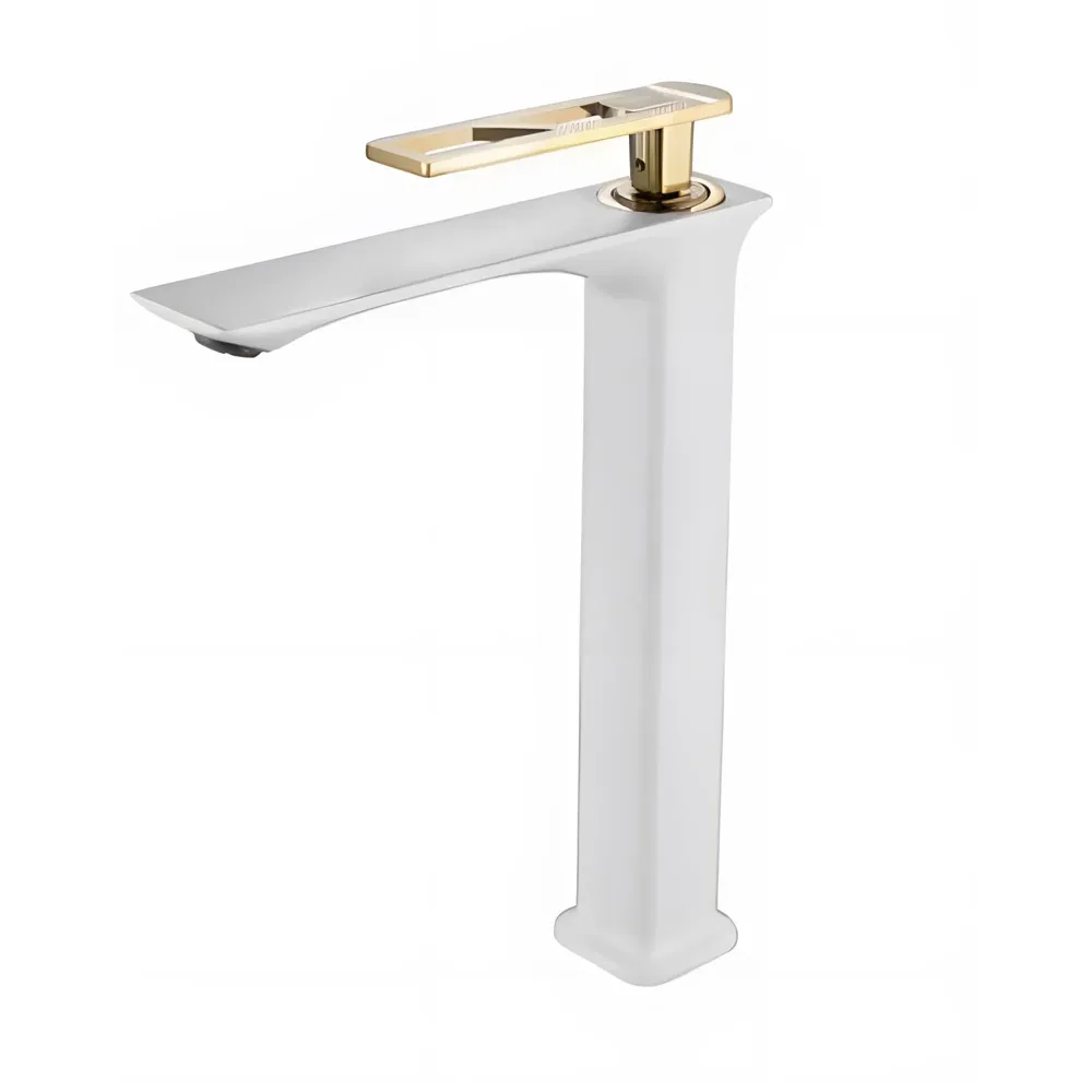 White Gold Faucet Tap Mixer Hot and Cold Water Heavy Single Lever Basin Mixer 12 inches with Connector Pipes and Ceramic Cartridge for Bathroom Wash Basins - 30cm x 17 cm Golden