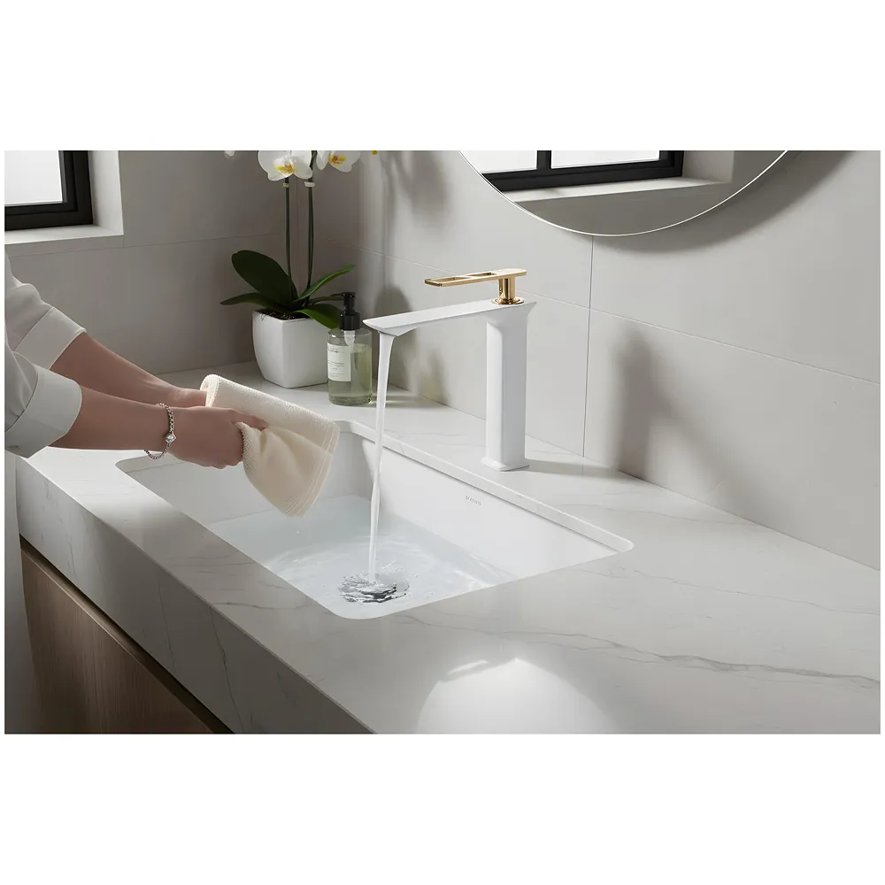 White Gold Faucet Tap Mixer Hot and Cold Water Heavy Single Lever Basin Mixer 12 inches with Connector Pipes and Ceramic Cartridge for Bathroom Wash Basins - 30cm x 17 cm Golden