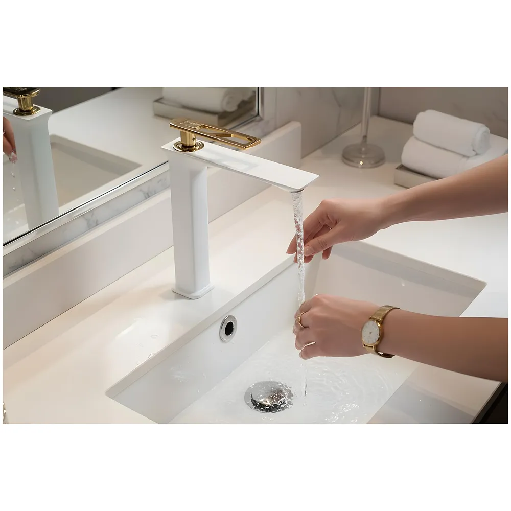 White Gold Faucet Tap Mixer Hot and Cold Water Heavy Single Lever Basin Mixer 12 inches with Connector Pipes and Ceramic Cartridge for Bathroom Wash Basins - 30cm x 17 cm Golden