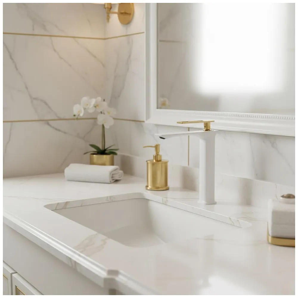 White Gold Faucet Tap Mixer Hot and Cold Water Heavy Single Lever Basin Mixer 12 inches with Connector Pipes and Ceramic Cartridge for Bathroom Wash Basins - 30cm x 17 cm Golden