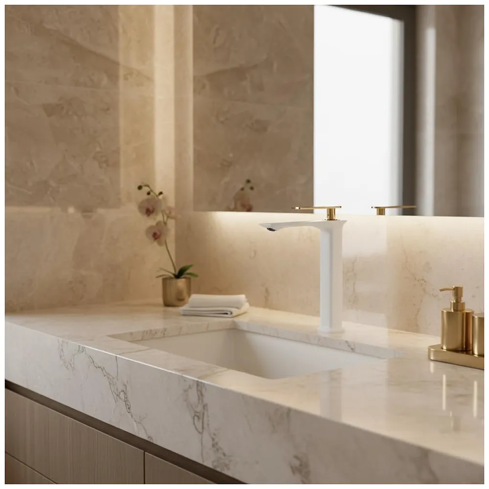 White Gold Faucet Tap Mixer Hot and Cold Water Heavy Single Lever Basin Mixer 12 inches with Connector Pipes and Ceramic Cartridge for Bathroom Wash Basins - 30cm x 17 cm Golden