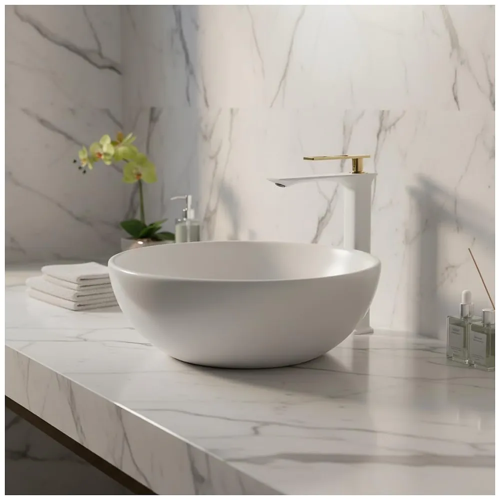 White Gold Faucet Tap Mixer Hot and Cold Water Heavy Single Lever Basin Mixer 12 inches with Connector Pipes and Ceramic Cartridge for Bathroom Wash Basins - 30cm x 17 cm Golden