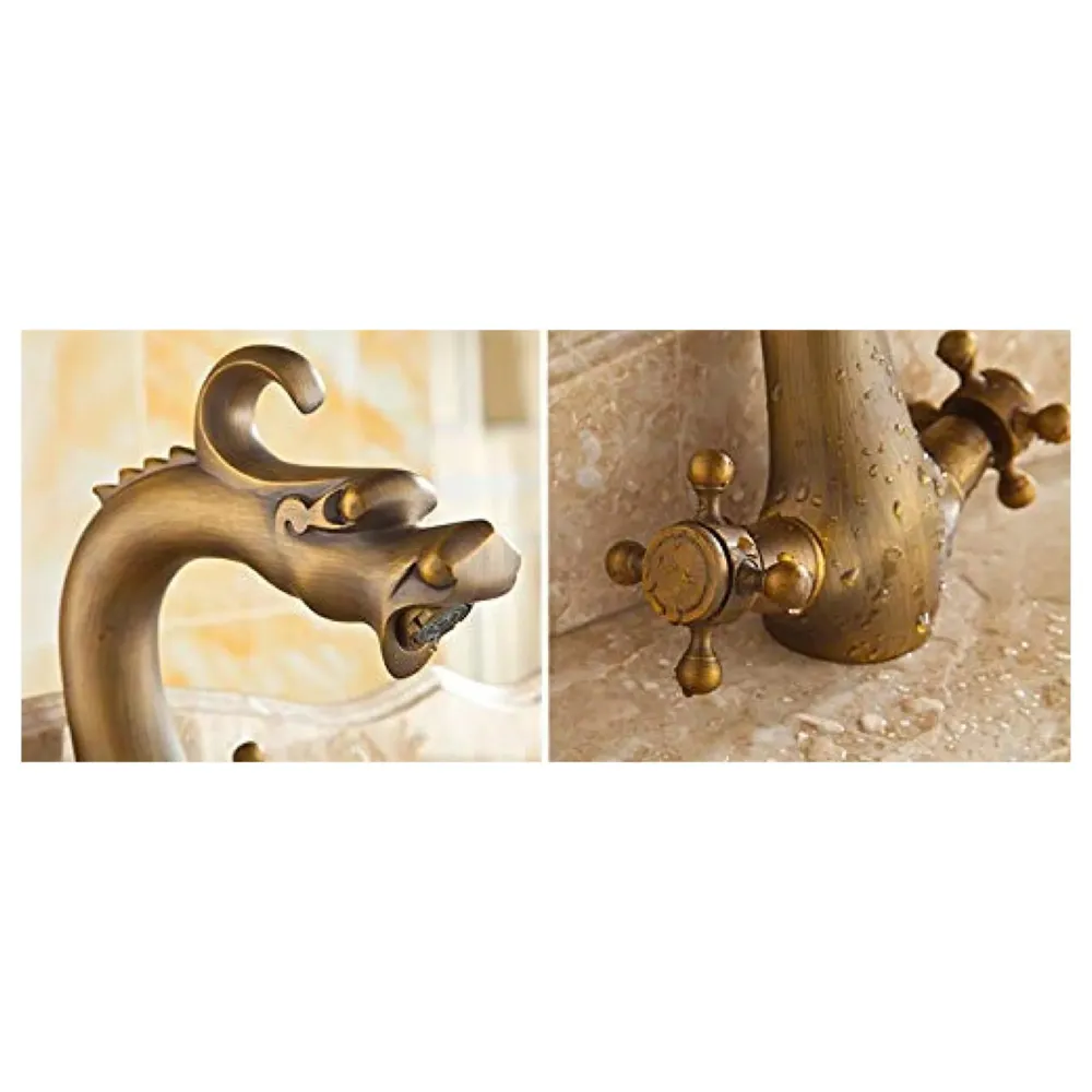 Dragon Brass 90 Degree Rotation Heavy Basin Mixer With 2 Braided Connection Pipes, Brown, Brass Finish