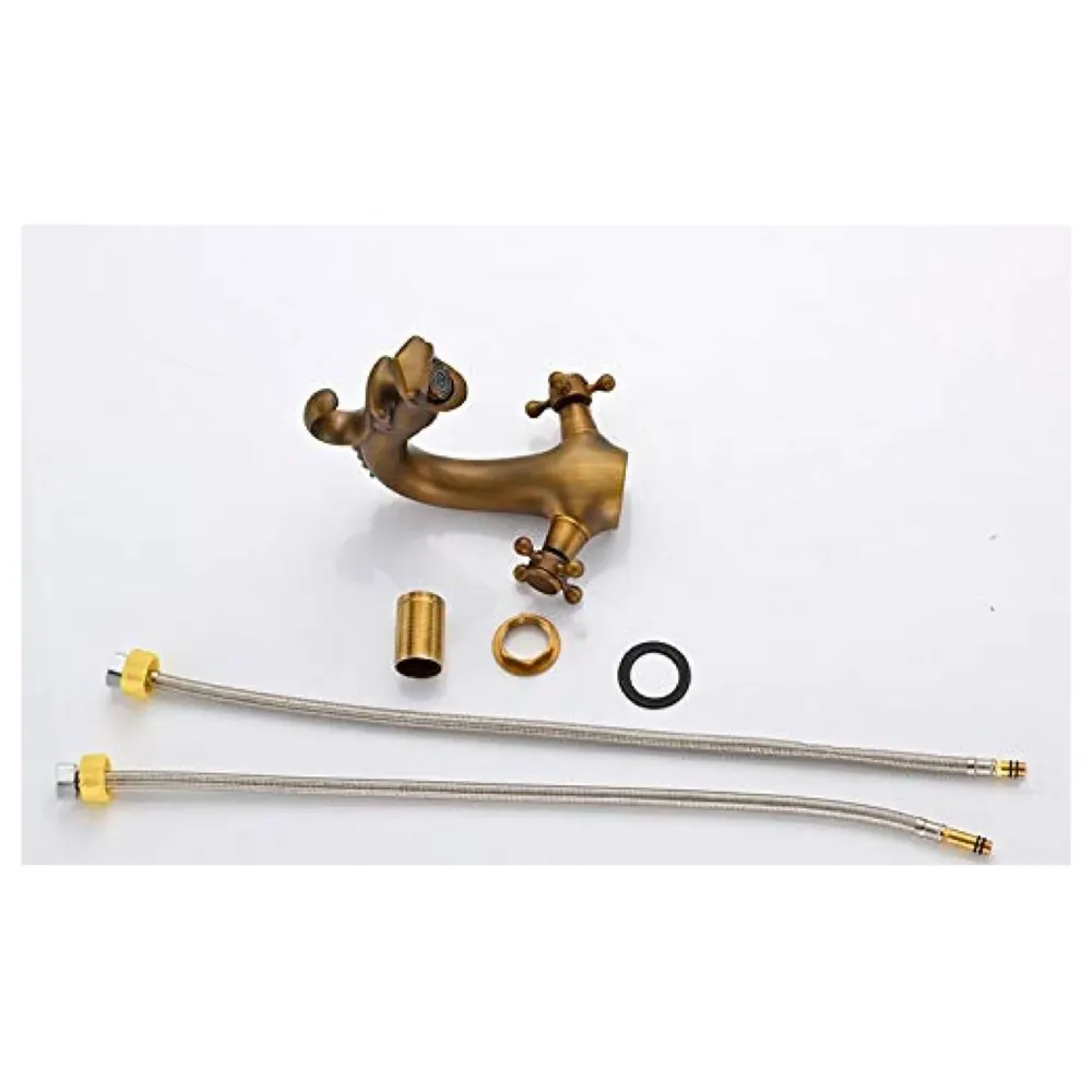 Dragon Brass 90 Degree Rotation Heavy Basin Mixer With 2 Braided Connection Pipes, Brown, Brass Finish