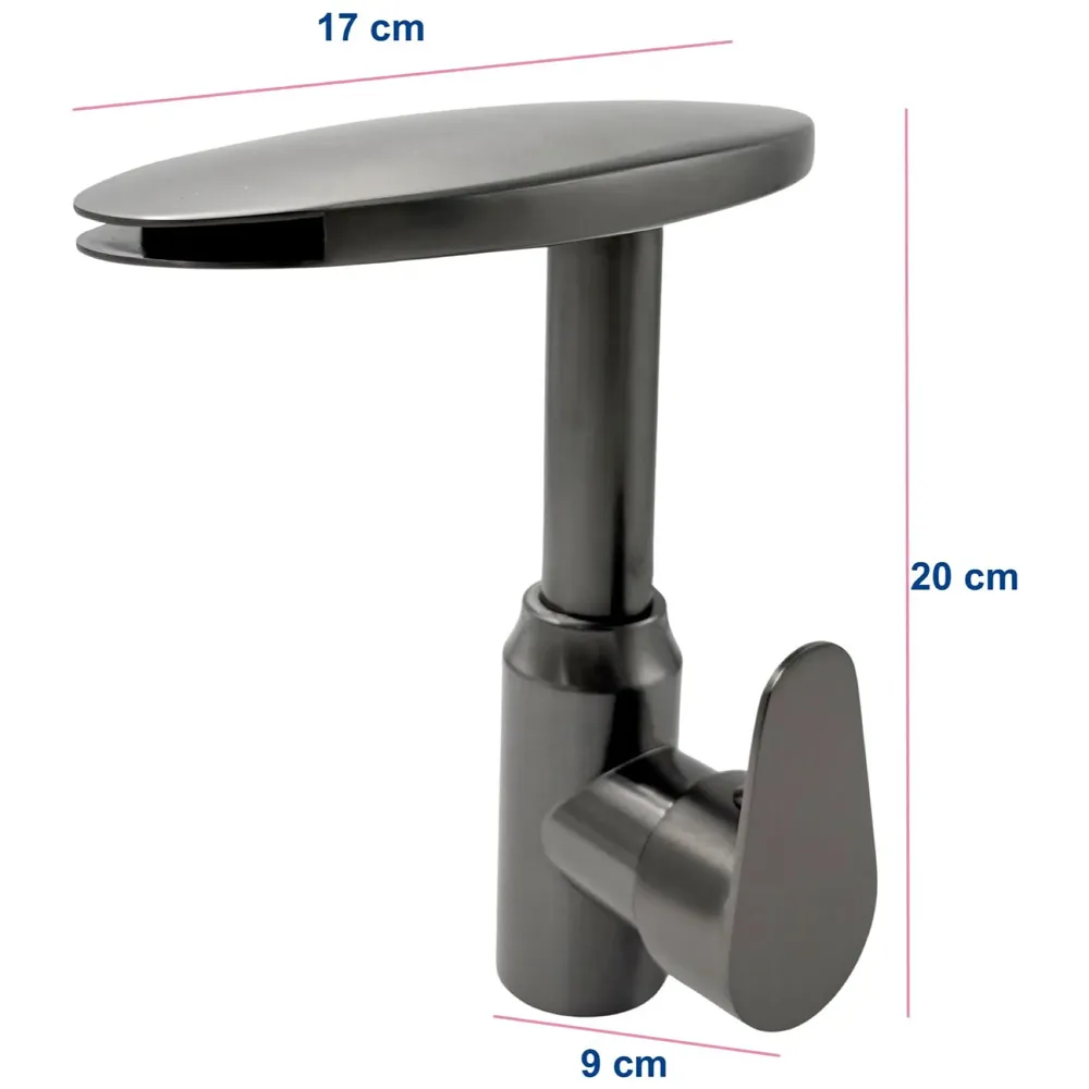 Waterfall Dark Grey Faucet Tap Mixer Hot and Cold Heavy Single Lever Basin Mixer 360 Degree Rotating Spout and Ceramic Cartridge for Bathroom Wash Basins 20 CM X 17 CM