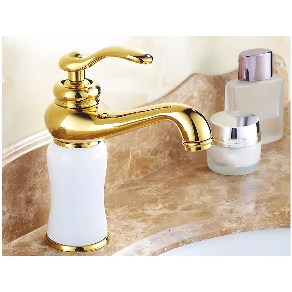 White Gold Marble Basin Tap Faucet Mixer for Bathroom Toilet Wash Basins Hot and Cold Water (Without pop-up) (Jade Petite) 20 Cm Height