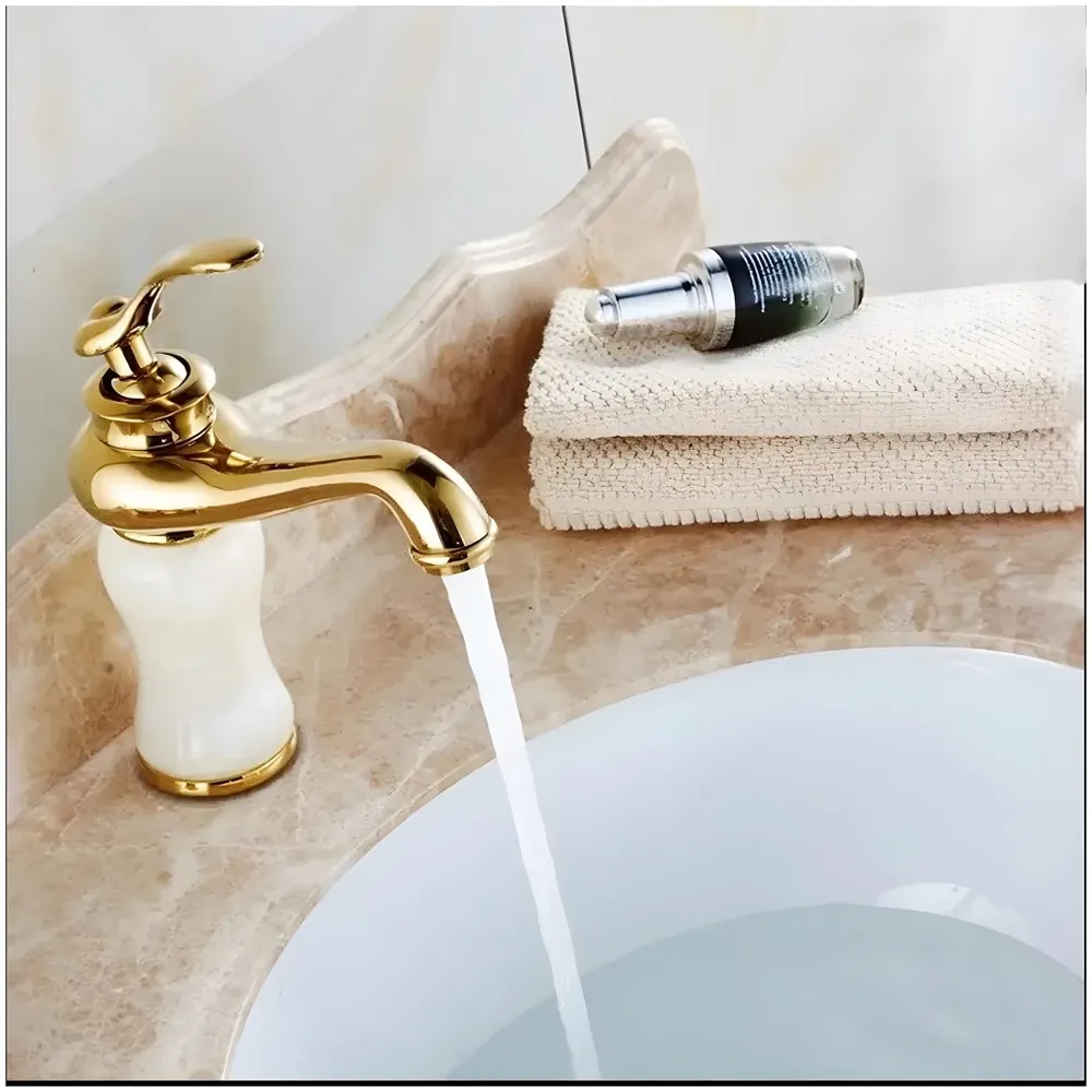 White Gold Marble Basin Tap Faucet Mixer for Bathroom Toilet Wash Basins Hot and Cold Water (Without pop-up) (Jade Petite) 20 Cm Height