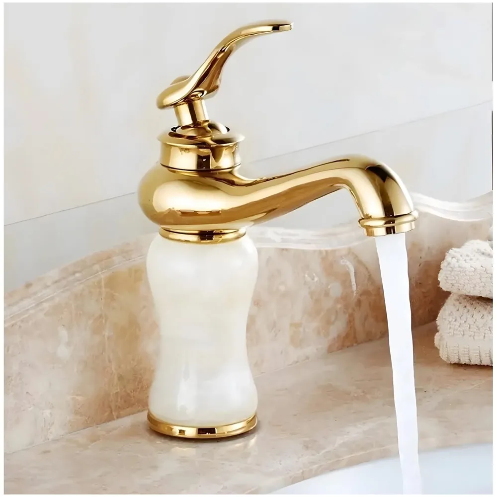 White Gold Marble Basin Tap Faucet Mixer for Bathroom Toilet Wash Basins Hot and Cold Water (Without pop-up) (Jade Petite) 20 Cm Height