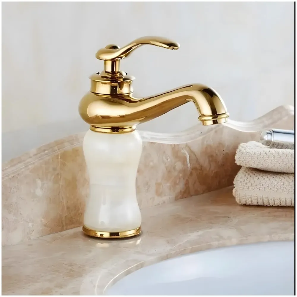 White Gold Marble Basin Tap Faucet Mixer for Bathroom Toilet Wash Basins Hot and Cold Water (Without pop-up) (Jade Petite) 20 Cm Height